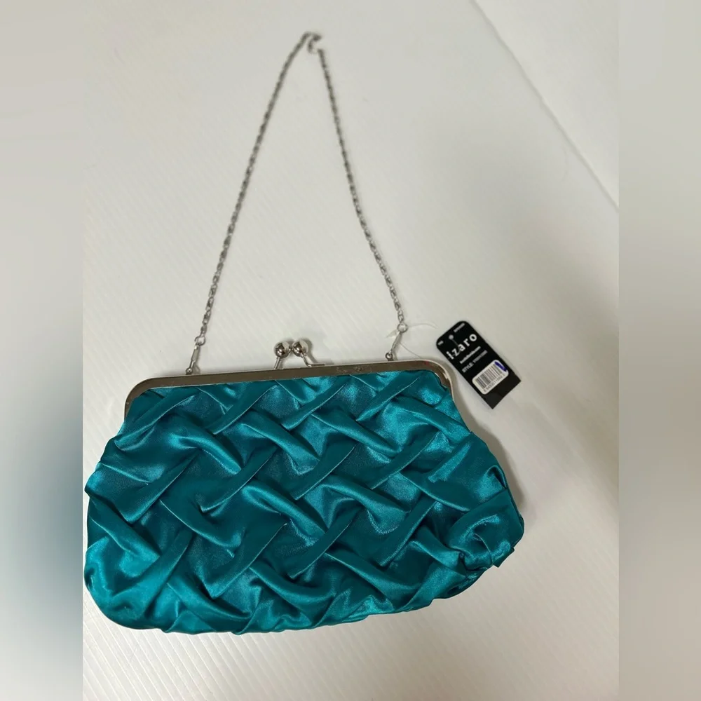 Jessica McClintock Teal Satin Purse Evening Bag Kiss Lock NWT - Picture 3 of 8